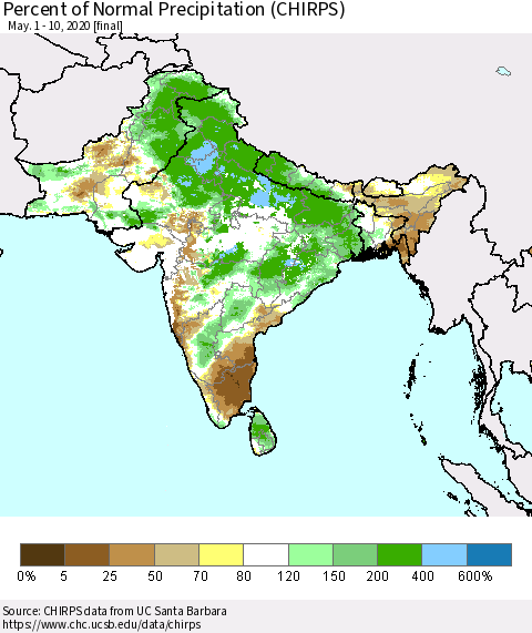 Southern Asia Percent of Normal Precipitation (CHIRPS) Thematic Map For 5/1/2020 - 5/10/2020
