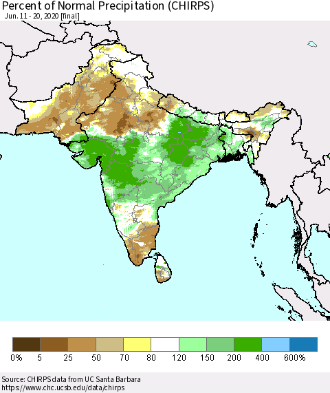 Southern Asia Percent of Normal Precipitation (CHIRPS) Thematic Map For 6/11/2020 - 6/20/2020