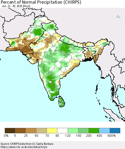 Southern Asia Percent of Normal Precipitation (CHIRPS) Thematic Map For 6/21/2020 - 6/30/2020
