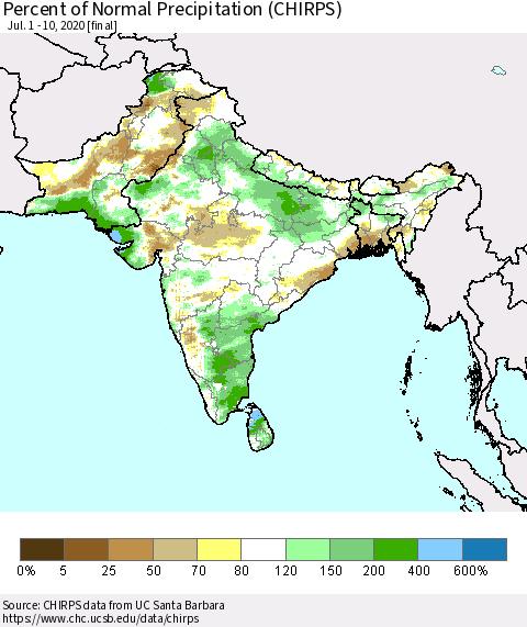 Southern Asia Percent of Normal Precipitation (CHIRPS) Thematic Map For 7/1/2020 - 7/10/2020