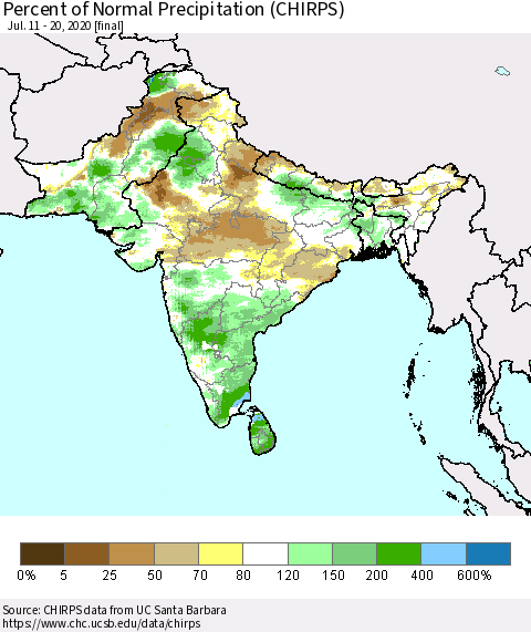 Southern Asia Percent of Normal Precipitation (CHIRPS) Thematic Map For 7/11/2020 - 7/20/2020