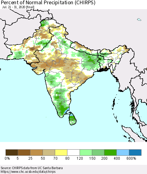 Southern Asia Percent of Normal Precipitation (CHIRPS) Thematic Map For 7/21/2020 - 7/31/2020