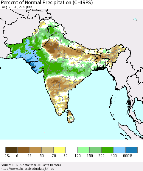 Southern Asia Percent of Normal Precipitation (CHIRPS) Thematic Map For 8/21/2020 - 8/31/2020