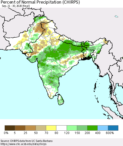 Southern Asia Percent of Normal Precipitation (CHIRPS) Thematic Map For 9/21/2020 - 9/30/2020