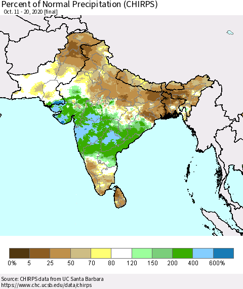 Southern Asia Percent of Normal Precipitation (CHIRPS) Thematic Map For 10/11/2020 - 10/20/2020