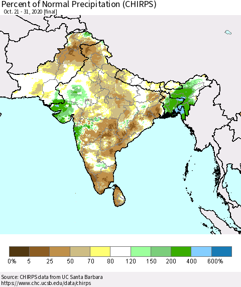 Southern Asia Percent of Normal Precipitation (CHIRPS) Thematic Map For 10/21/2020 - 10/31/2020
