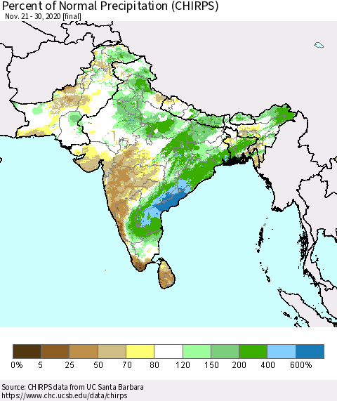 Southern Asia Percent of Normal Precipitation (CHIRPS) Thematic Map For 11/21/2020 - 11/30/2020