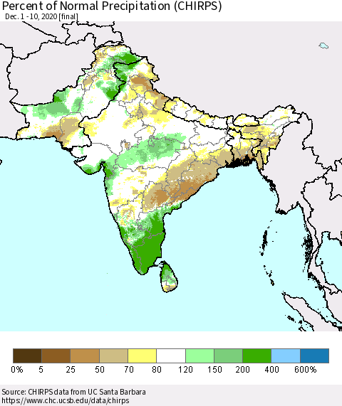 Southern Asia Percent of Normal Precipitation (CHIRPS) Thematic Map For 12/1/2020 - 12/10/2020