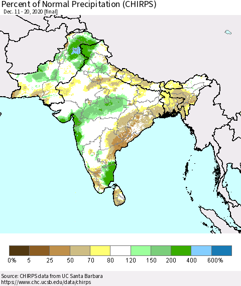 Southern Asia Percent of Normal Precipitation (CHIRPS) Thematic Map For 12/11/2020 - 12/20/2020