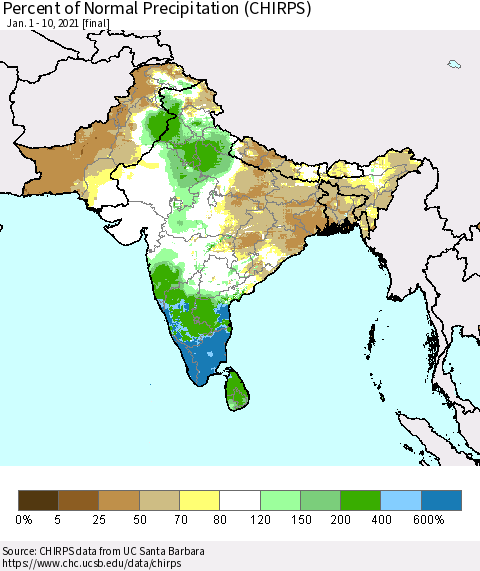 Southern Asia Percent of Normal Precipitation (CHIRPS) Thematic Map For 1/1/2021 - 1/10/2021