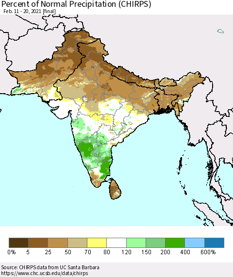 Southern Asia Percent of Normal Precipitation (CHIRPS) Thematic Map For 2/11/2021 - 2/20/2021