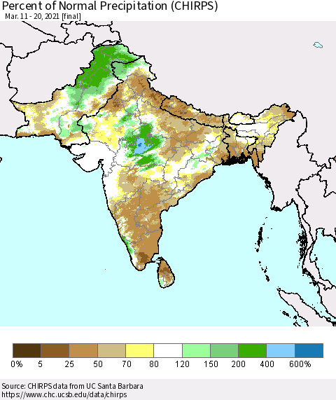 Southern Asia Percent of Normal Precipitation (CHIRPS) Thematic Map For 3/11/2021 - 3/20/2021