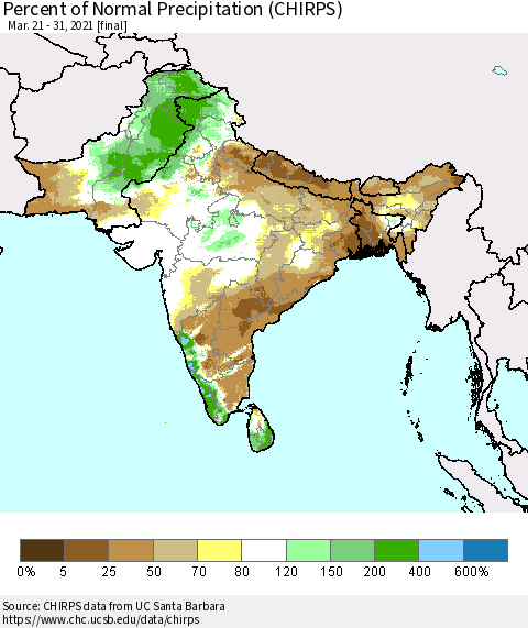 Southern Asia Percent of Normal Precipitation (CHIRPS) Thematic Map For 3/21/2021 - 3/31/2021