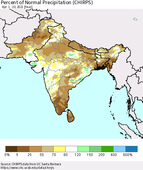 Southern Asia Percent of Normal Precipitation (CHIRPS) Thematic Map For 4/1/2021 - 4/10/2021