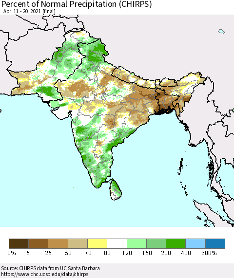 Southern Asia Percent of Normal Precipitation (CHIRPS) Thematic Map For 4/11/2021 - 4/20/2021