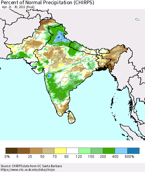Southern Asia Percent of Normal Precipitation (CHIRPS) Thematic Map For 4/21/2021 - 4/30/2021
