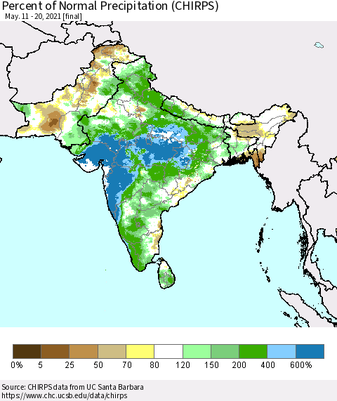 Southern Asia Percent of Normal Precipitation (CHIRPS) Thematic Map For 5/11/2021 - 5/20/2021