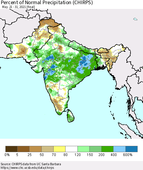 Southern Asia Percent of Normal Precipitation (CHIRPS) Thematic Map For 5/21/2021 - 5/31/2021