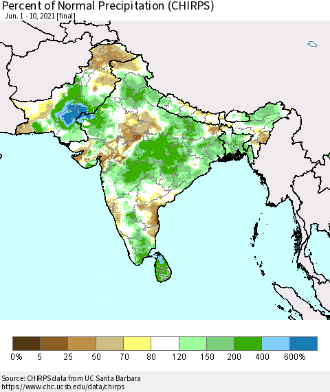 Southern Asia Percent of Normal Precipitation (CHIRPS) Thematic Map For 6/1/2021 - 6/10/2021
