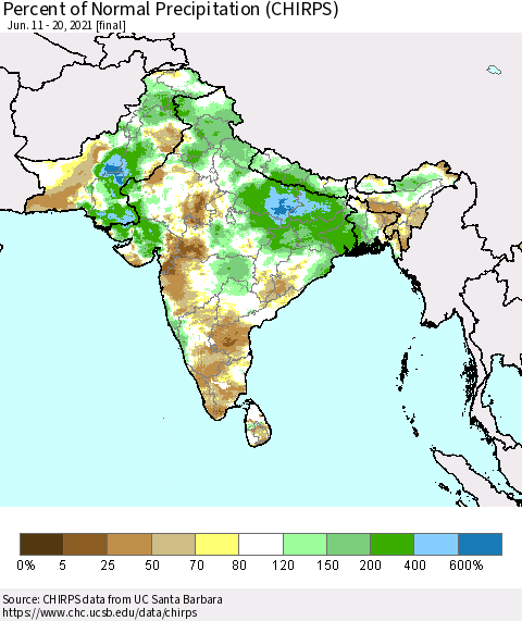 Southern Asia Percent of Normal Precipitation (CHIRPS) Thematic Map For 6/11/2021 - 6/20/2021