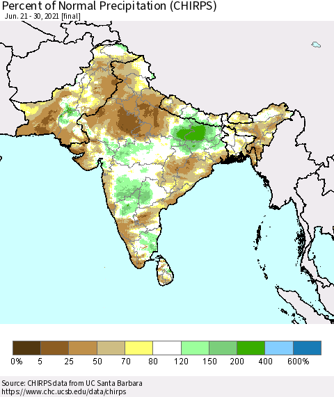 Southern Asia Percent of Normal Precipitation (CHIRPS) Thematic Map For 6/21/2021 - 6/30/2021
