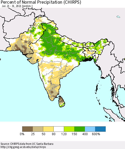 Southern Asia Percent of Normal Precipitation (CHIRPS) Thematic Map For 7/21/2021 - 7/31/2021