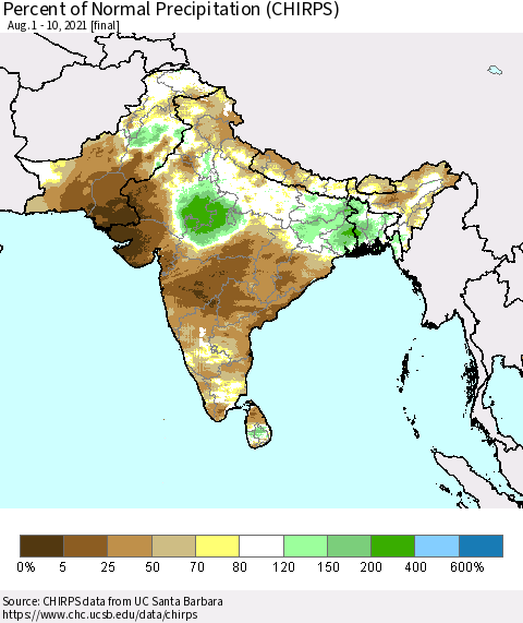 Southern Asia Percent of Normal Precipitation (CHIRPS) Thematic Map For 8/1/2021 - 8/10/2021