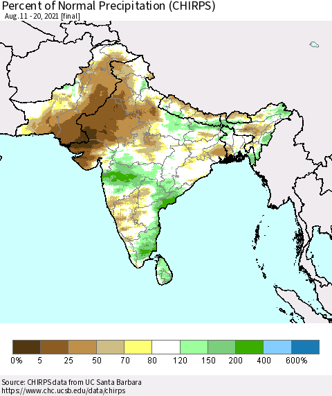 Southern Asia Percent of Normal Precipitation (CHIRPS) Thematic Map For 8/11/2021 - 8/20/2021