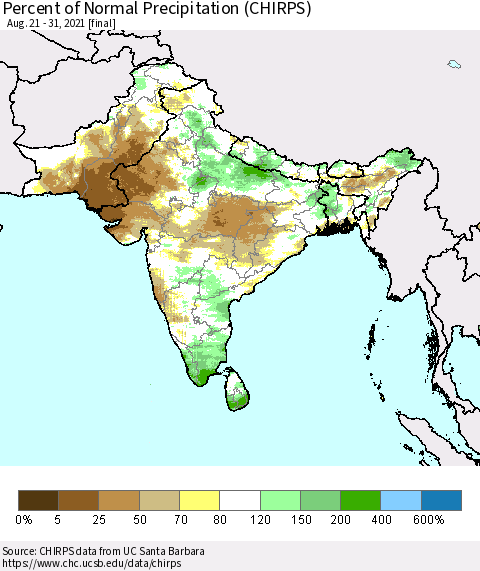 Southern Asia Percent of Normal Precipitation (CHIRPS) Thematic Map For 8/21/2021 - 8/31/2021