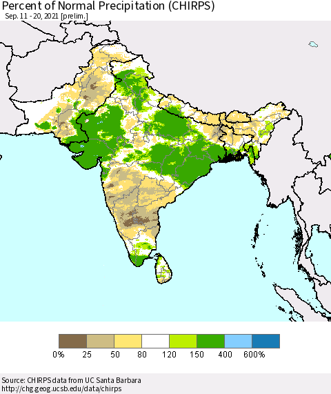 Southern Asia Percent of Normal Precipitation (CHIRPS) Thematic Map For 9/11/2021 - 9/20/2021