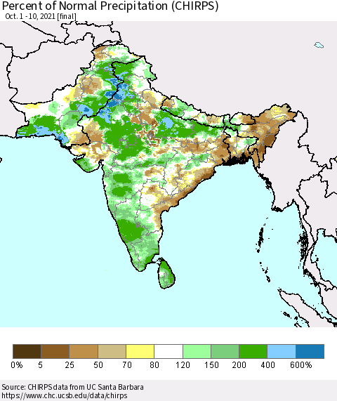 Southern Asia Percent of Normal Precipitation (CHIRPS) Thematic Map For 10/1/2021 - 10/10/2021