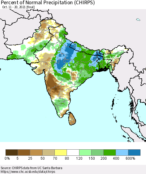 Southern Asia Percent of Normal Precipitation (CHIRPS) Thematic Map For 10/11/2021 - 10/20/2021