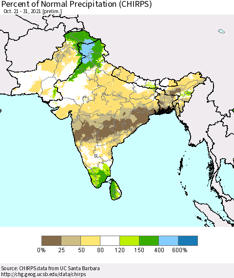 Southern Asia Percent of Normal Precipitation (CHIRPS) Thematic Map For 10/21/2021 - 10/31/2021