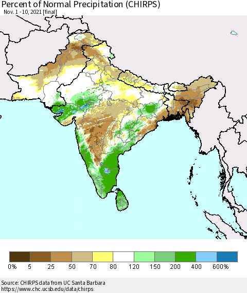 Southern Asia Percent of Normal Precipitation (CHIRPS) Thematic Map For 11/1/2021 - 11/10/2021