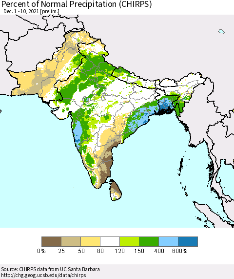 Southern Asia Percent of Normal Precipitation (CHIRPS) Thematic Map For 12/1/2021 - 12/10/2021