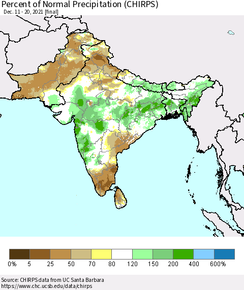 Southern Asia Percent of Normal Precipitation (CHIRPS) Thematic Map For 12/11/2021 - 12/20/2021