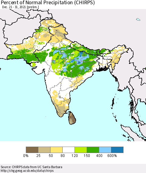 Southern Asia Percent of Normal Precipitation (CHIRPS) Thematic Map For 12/21/2021 - 12/31/2021