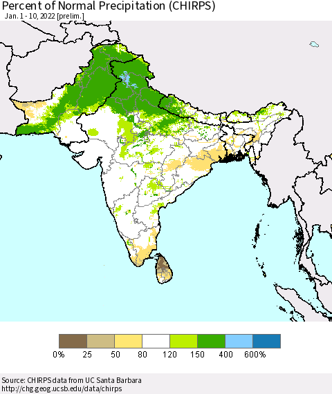 Southern Asia Percent of Normal Precipitation (CHIRPS) Thematic Map For 1/1/2022 - 1/10/2022