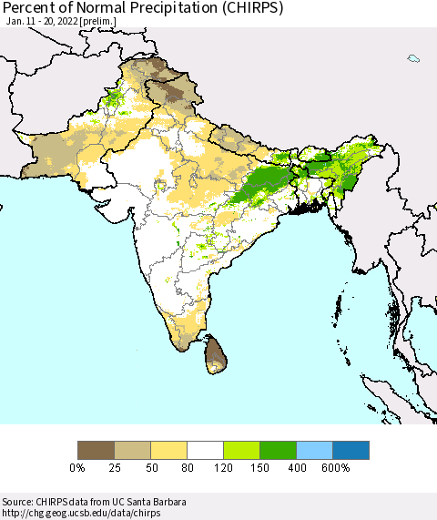 Southern Asia Percent of Normal Precipitation (CHIRPS) Thematic Map For 1/11/2022 - 1/20/2022