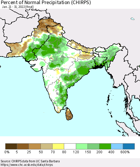 Southern Asia Percent of Normal Precipitation (CHIRPS) Thematic Map For 1/21/2022 - 1/31/2022