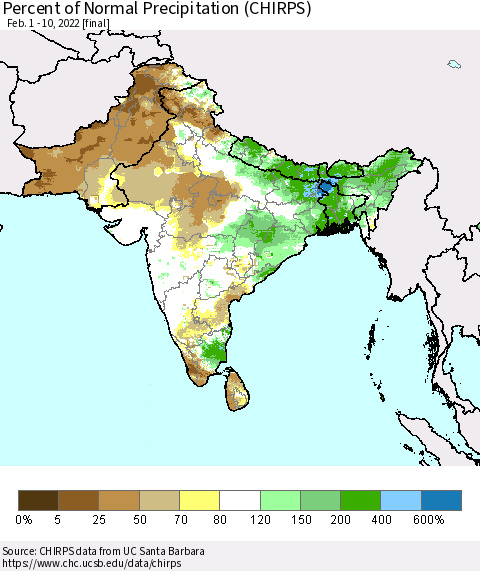 Southern Asia Percent of Normal Precipitation (CHIRPS) Thematic Map For 2/1/2022 - 2/10/2022
