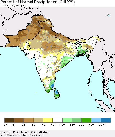 Southern Asia Percent of Normal Precipitation (CHIRPS) Thematic Map For 2/11/2022 - 2/20/2022