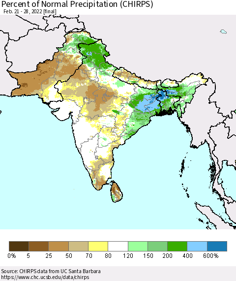 Southern Asia Percent of Normal Precipitation (CHIRPS) Thematic Map For 2/21/2022 - 2/28/2022