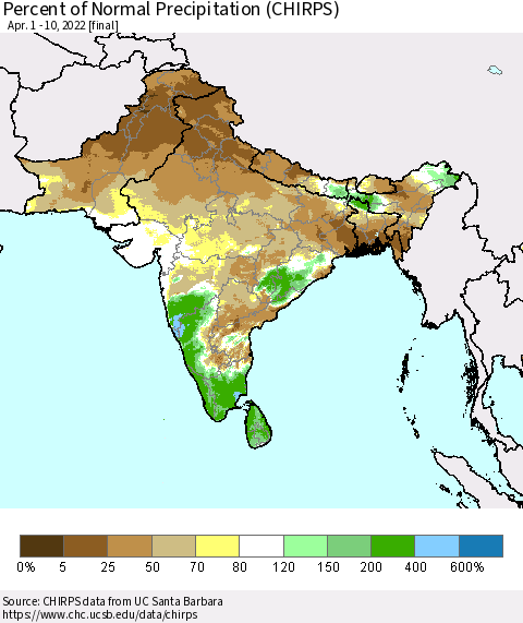 Southern Asia Percent of Normal Precipitation (CHIRPS) Thematic Map For 4/1/2022 - 4/10/2022
