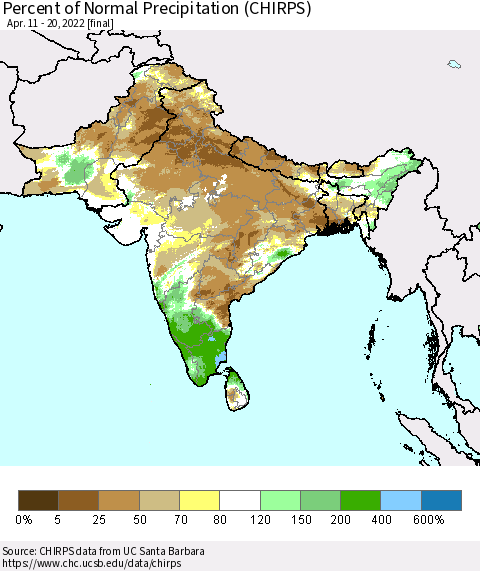 Southern Asia Percent of Normal Precipitation (CHIRPS) Thematic Map For 4/11/2022 - 4/20/2022