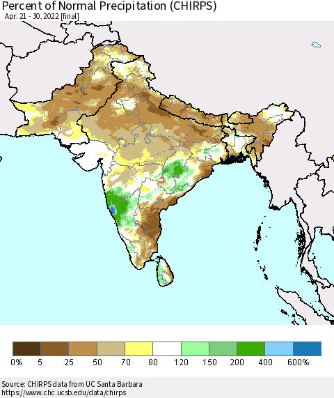Southern Asia Percent of Normal Precipitation (CHIRPS) Thematic Map For 4/21/2022 - 4/30/2022