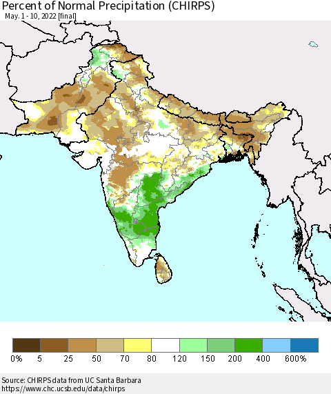 Southern Asia Percent of Normal Precipitation (CHIRPS) Thematic Map For 5/1/2022 - 5/10/2022