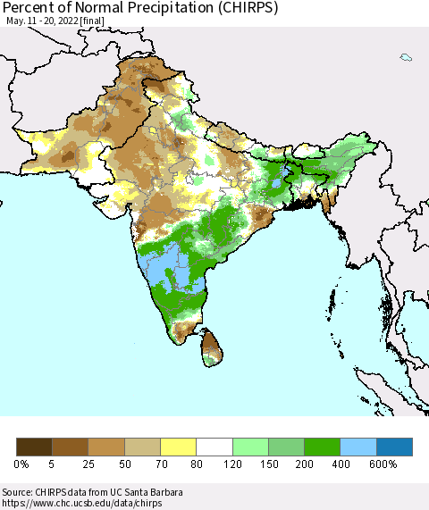 Southern Asia Percent of Normal Precipitation (CHIRPS) Thematic Map For 5/11/2022 - 5/20/2022