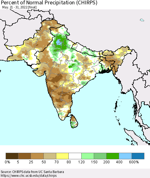 Southern Asia Percent of Normal Precipitation (CHIRPS) Thematic Map For 5/21/2022 - 5/31/2022