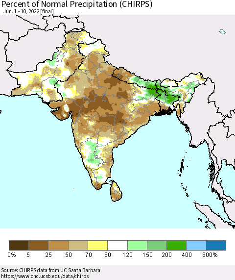 Southern Asia Percent of Normal Precipitation (CHIRPS) Thematic Map For 6/1/2022 - 6/10/2022